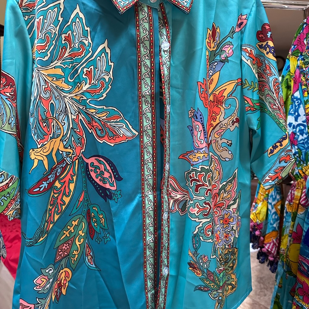 Vibrant Turquoise Floral Print Button-Up Pantsuit Top and Pullon pants